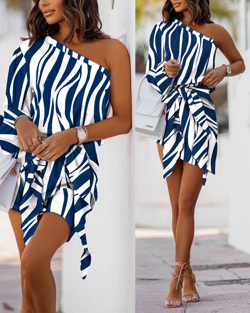 

Zebra Stripe Print One Shoulder Tied Detail Casual Dress, Blue