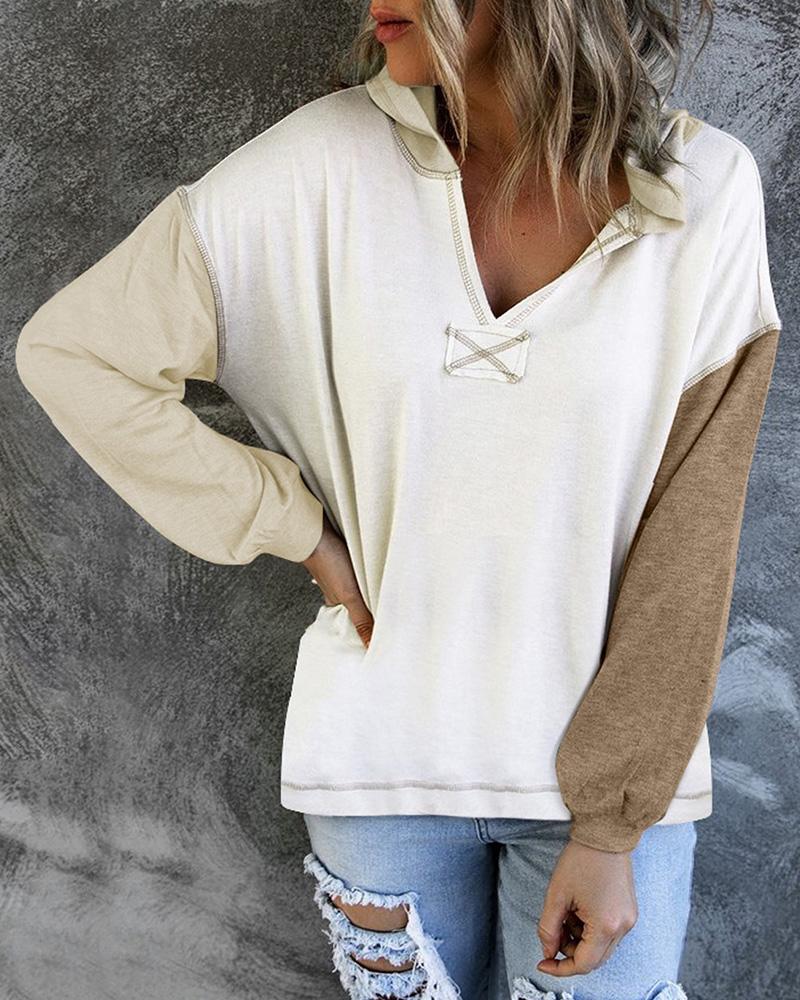 

Colorblock Lantern Sleeve Hooded Top, Khaki