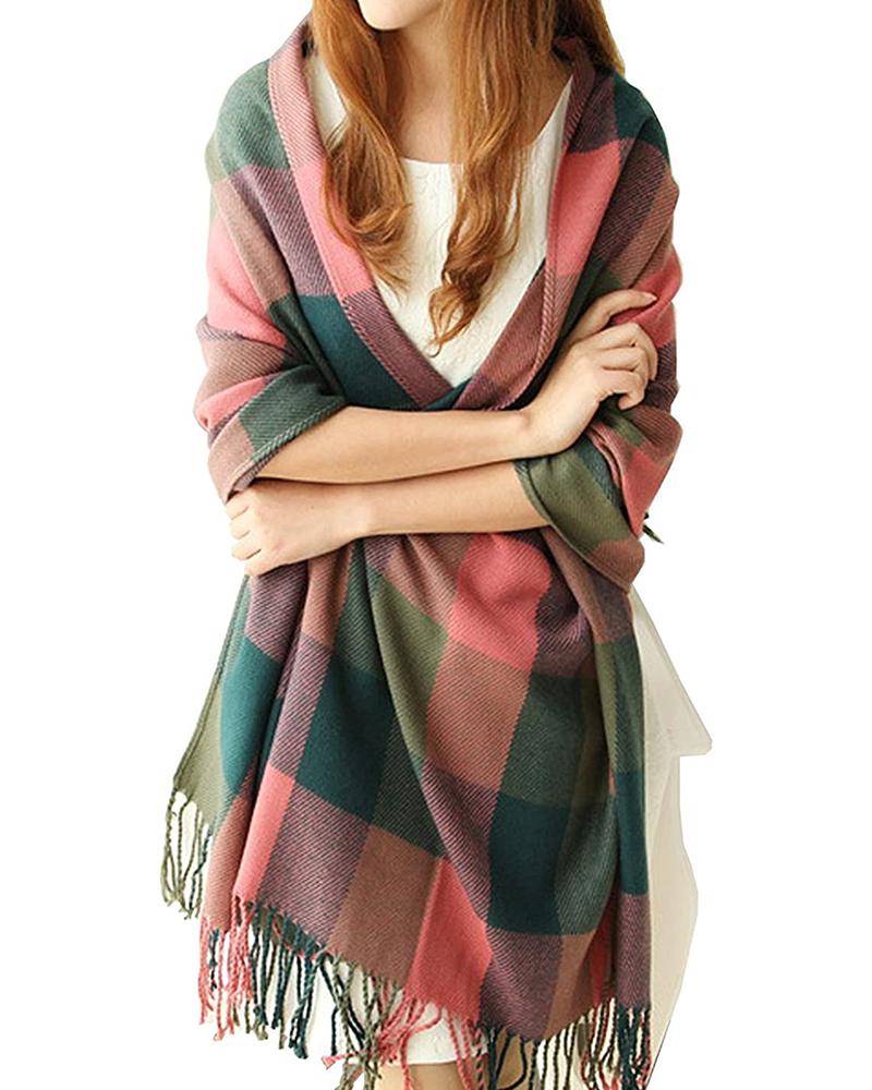 

Women's Long Plaid Blanket Chunky Oversized Big Wrap Shawl Winter Warm Scarf, Pink