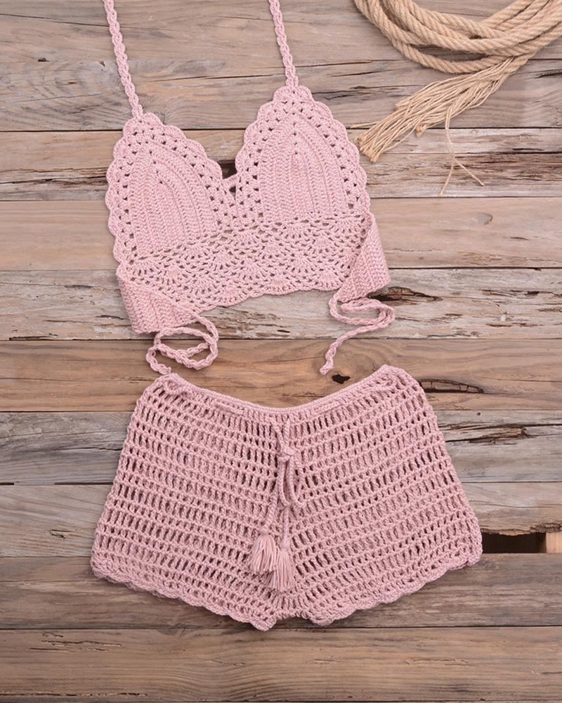 

Solid Strap Cut-out Tanks With Cut-out Shorts Sexy Sets, Pink