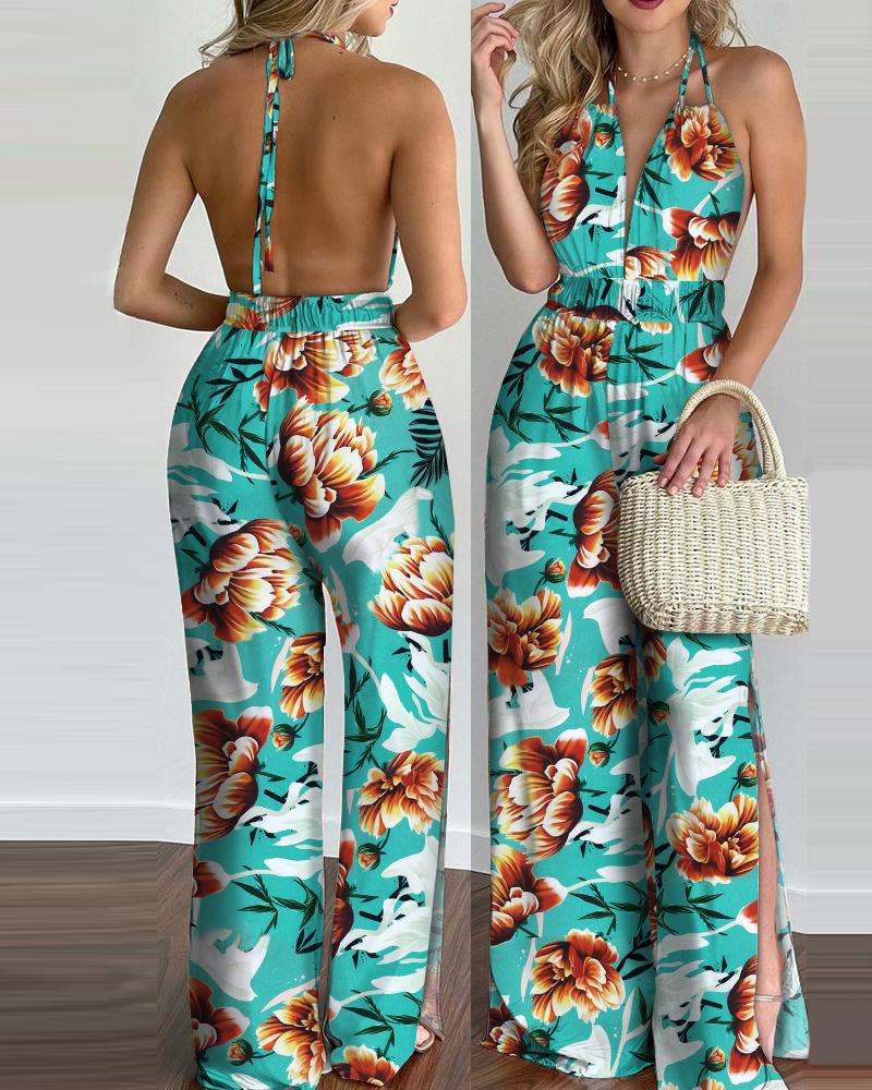 

Floral Print Halter V Neck Jumpsuit, Multicolor