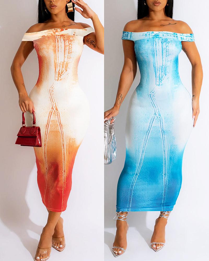 

3D All Over Print Off Shoulder Dress, Orange