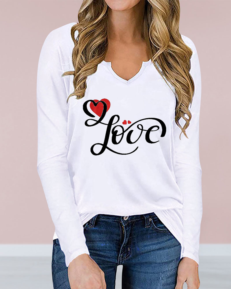 

Valentine' Day Heart Letter Print Long Sleeve Casual Top, White