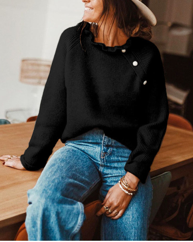 

Long Sleeve Button Decor Ruffle Collar Sweater, Black