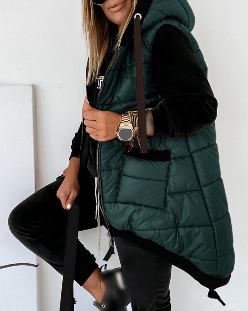 

Zipper Pocket Design Hooded Vest Puffer Coat, Green