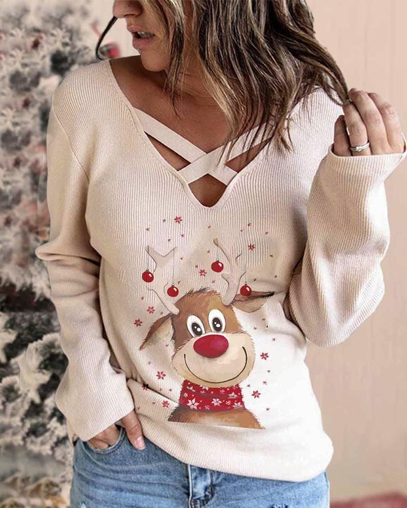 

Christmas Elk Print Long Sleeve Top, Beige