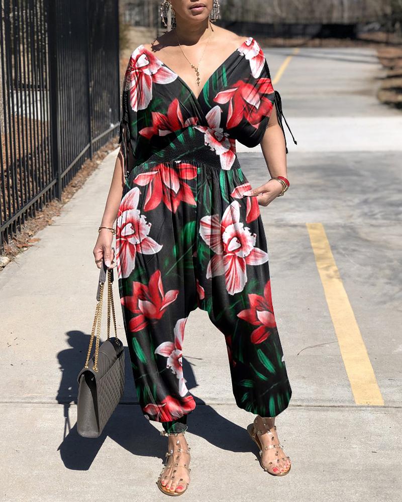 

Floral Print Drawstring Ruched Shirred Jumpsuit, Red