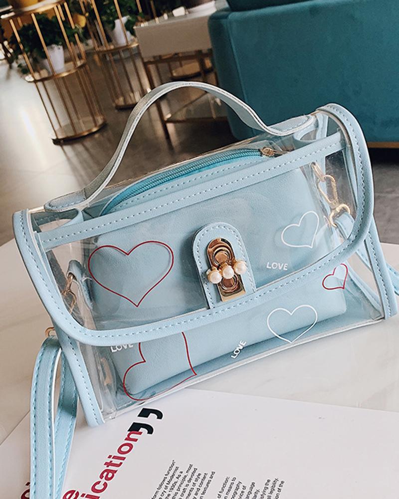 

Heart Print Clear Crossbody Handbag With Inner Pouch, Blue