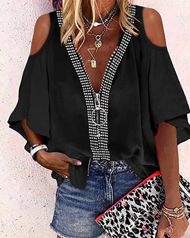 

Rhinestone Decor Zip Front Cold Shoulder Top, Black
