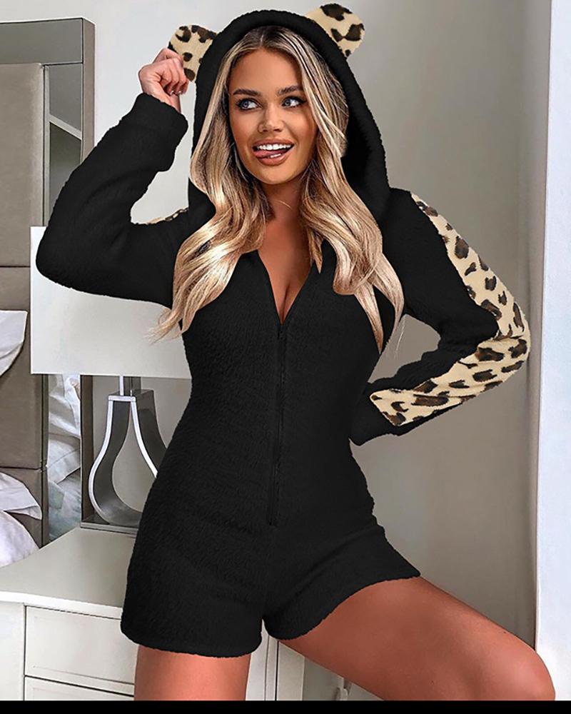 

3D Ear Cheetah Print Zip Front Fluffy Lounge Romper, Black