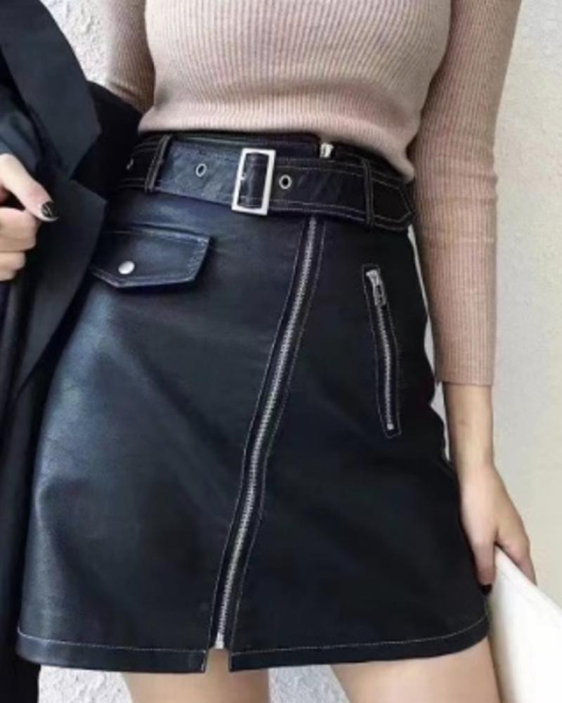 

PU Leather Zipper Design High Waist Skirt, Black