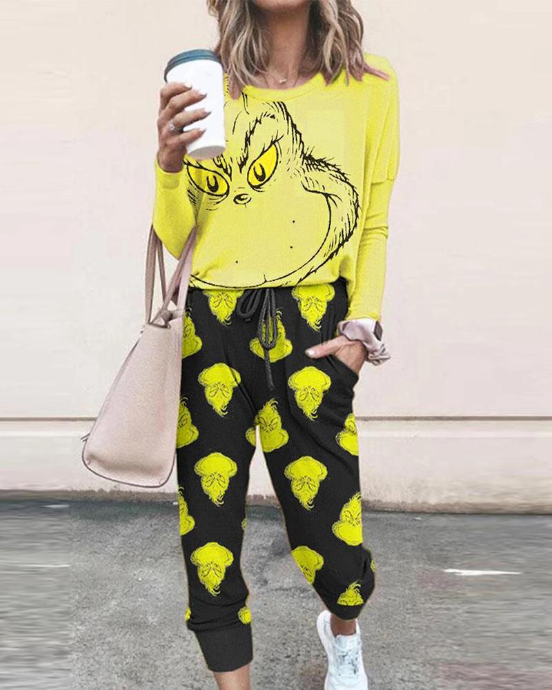 

Christmas Cartoon Print Top & Drawstring Letter Print Pants Set, Yellow