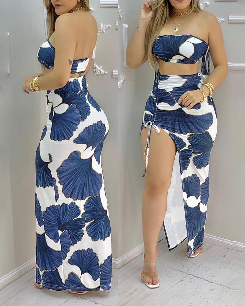 

Ginkgo Print Bandeau Crop Top & Drawstring High Slit Skirt Set, Blue