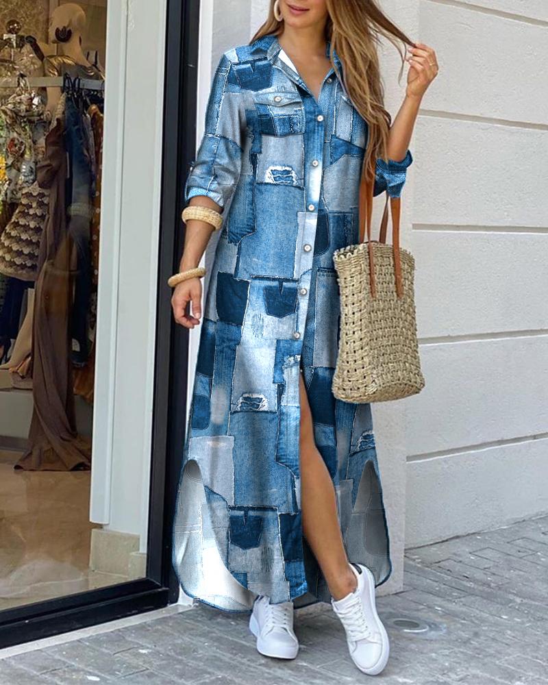 

Denim Look Print Button Down Shirt Dress, Blue