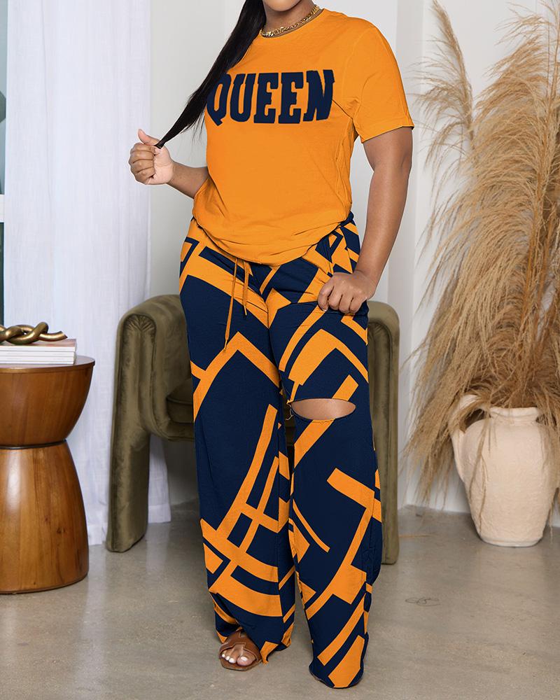 

Queen Geometric Print Casual Top & Cutout Pants Set, Yellow