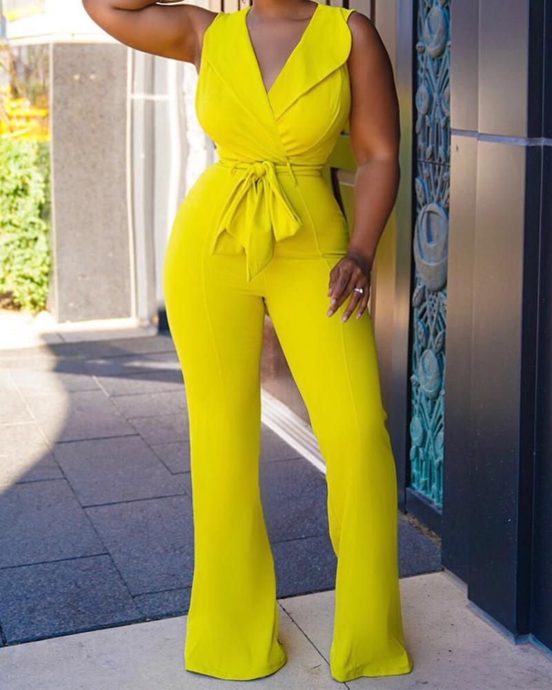 

Sleeveless Tie Front Flared Leg Jumpsuit, Yellow