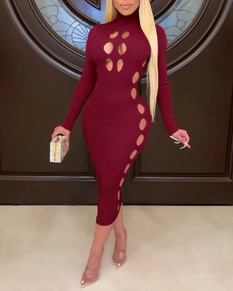 

Hollow Out Long Sleeve Bodycon Dress, Wine red