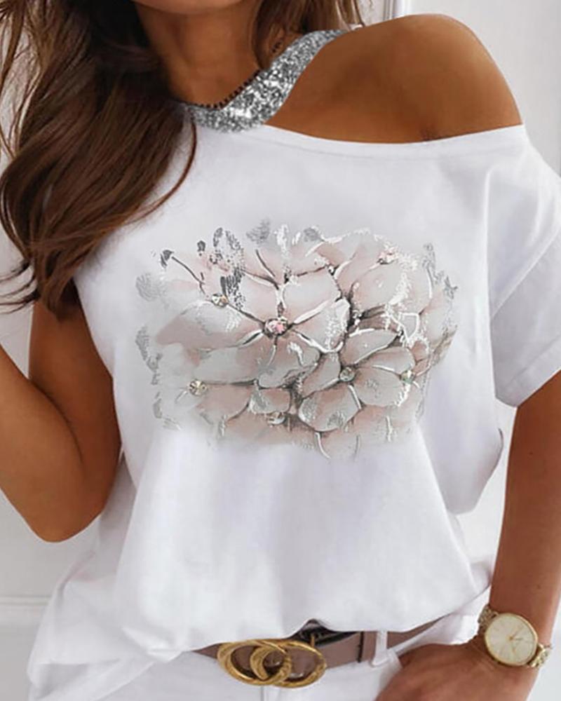 

Floral Print Sequins One Shoulder Short Sleeve Top, White