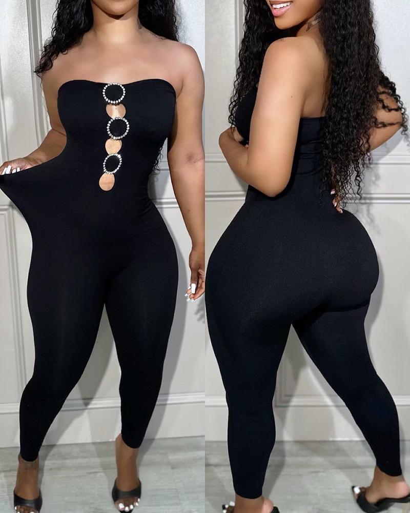 

Bandeau Rhinestone Hollow Out Jumpsuit, Black