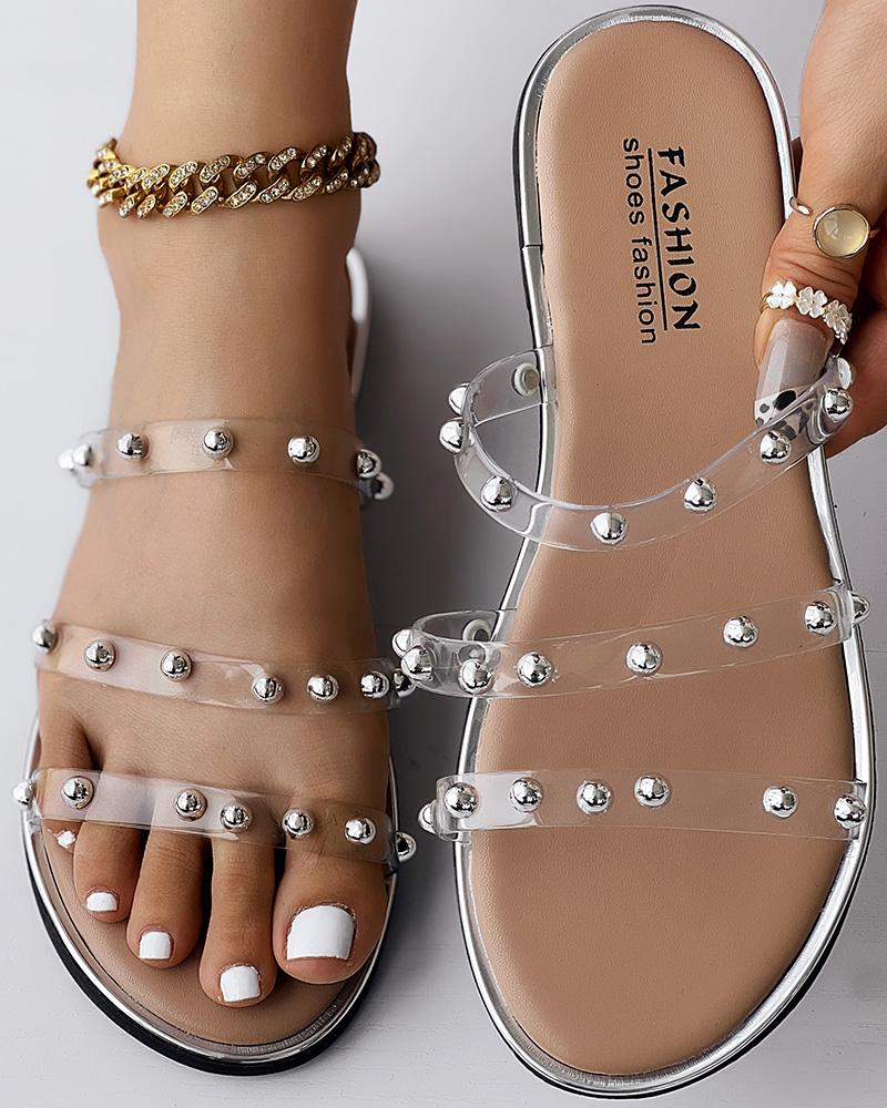 

Studded Clear Strap Beach Slippers, Silver