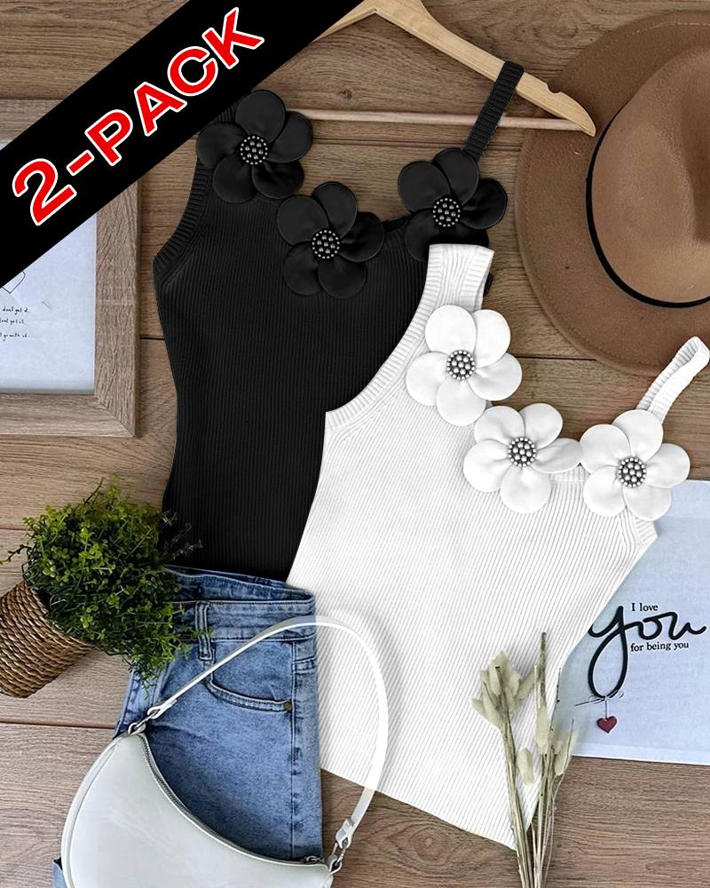 

Pack de 2 tops sin mangas de punto con cuentas y estampado floral, Style2
