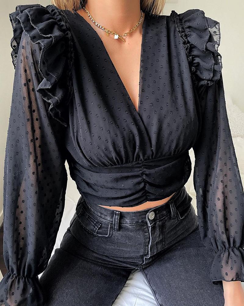 

Polka Dot Print V Neck Ruffle Hem Sheer Mesh Crop Top, Black