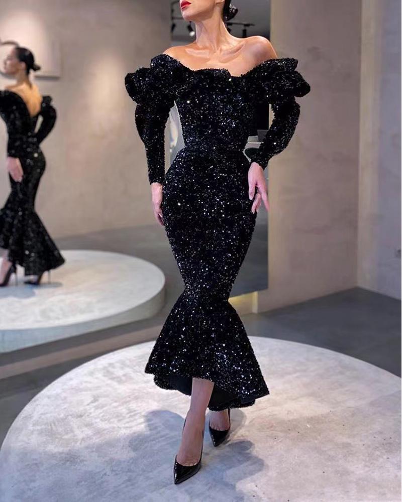 

Puff Sleeve Backless Glitter Mermaid Dress, Black