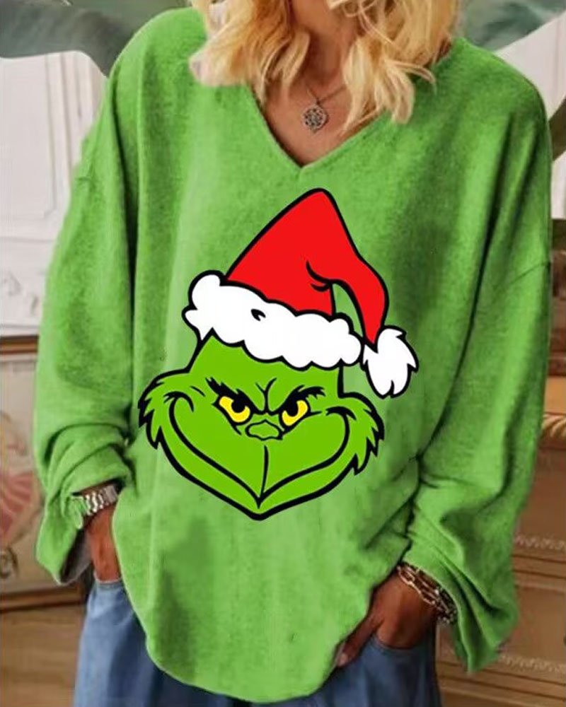 

Plus Size Grinch Stole Christmas Print Long Sleeve Top, Green