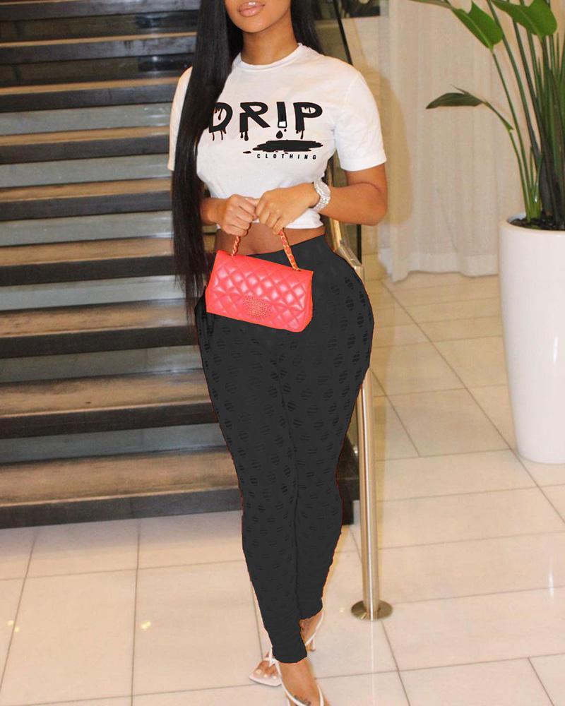 

Letter Print Short Sleeve Top & Cutout Pants Set, Black