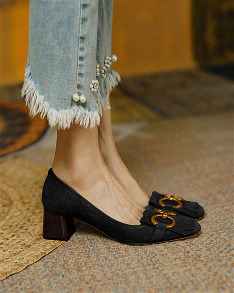 

Suede Horsebit Tassel Design Chunky Heels, Black