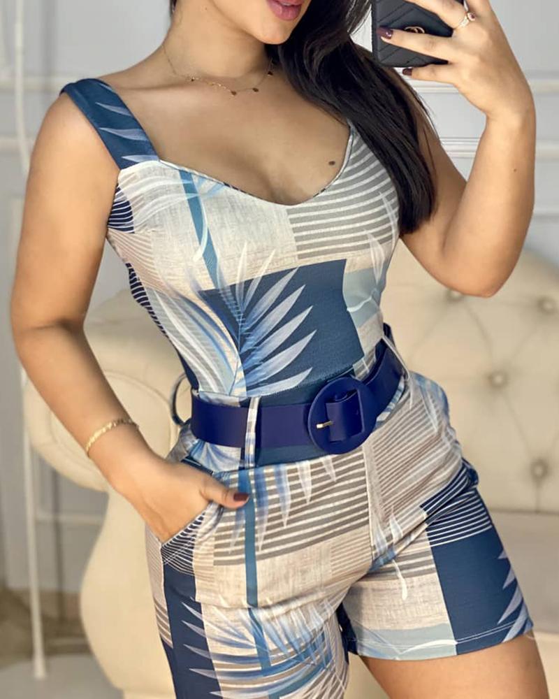 

Thick Strap Leaf Print Skinny Romper, Blue