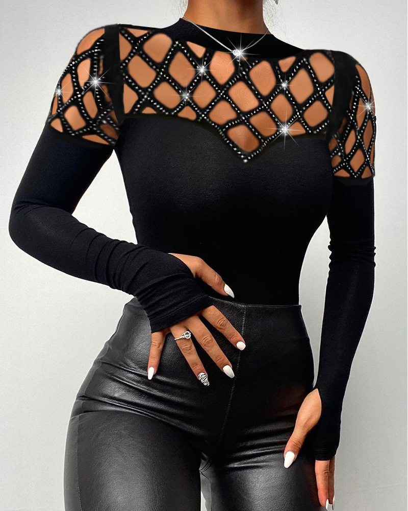 

Top ombro a ombro vazado com strass, Black