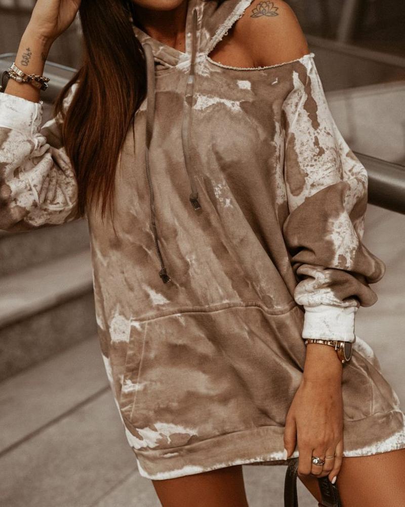 

Tie Dye Cold Shoulder Drawstring Hooded Sweatshirt, Khaki