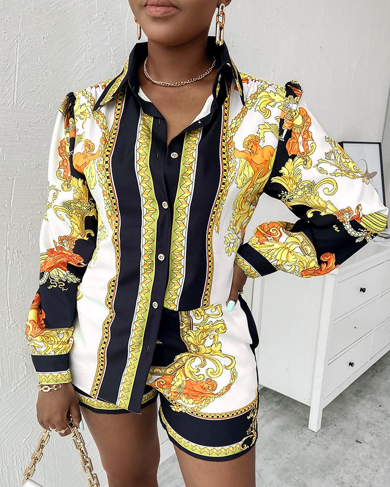 

Long Sleeve Baroque Print Top & Shorts Set, Yellow