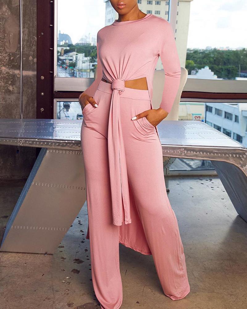 

Plain Long Sleeve Slit Top & Wide Leg Pants Set, Pink