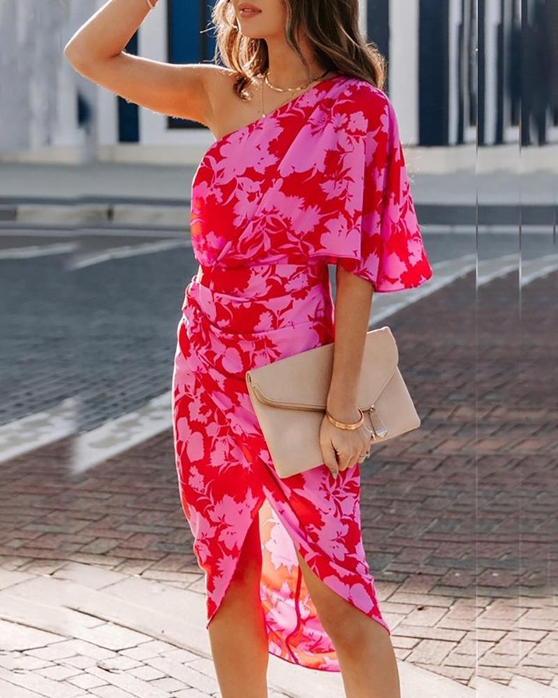 

One Shoulder Floral Print Slit Party Dress, Hot pink