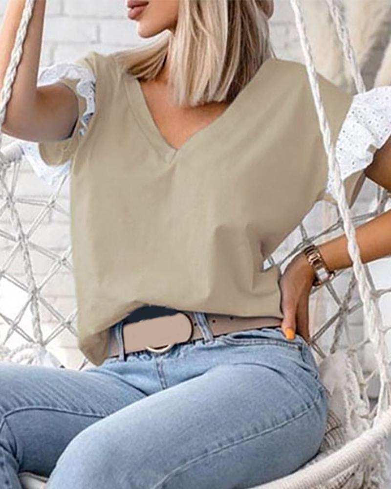 

V Neck Ruffles Hem V Neck Top Blouse, Khaki