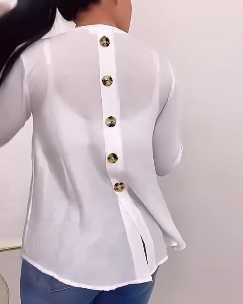 

V-Neck Roll Up Sleeve Back Button Blouse Casual Top with Pocket, White