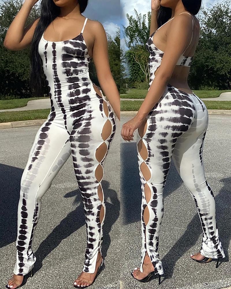

Tie Dye Print Cut-out Skinny Sling Jumpsuits, White
