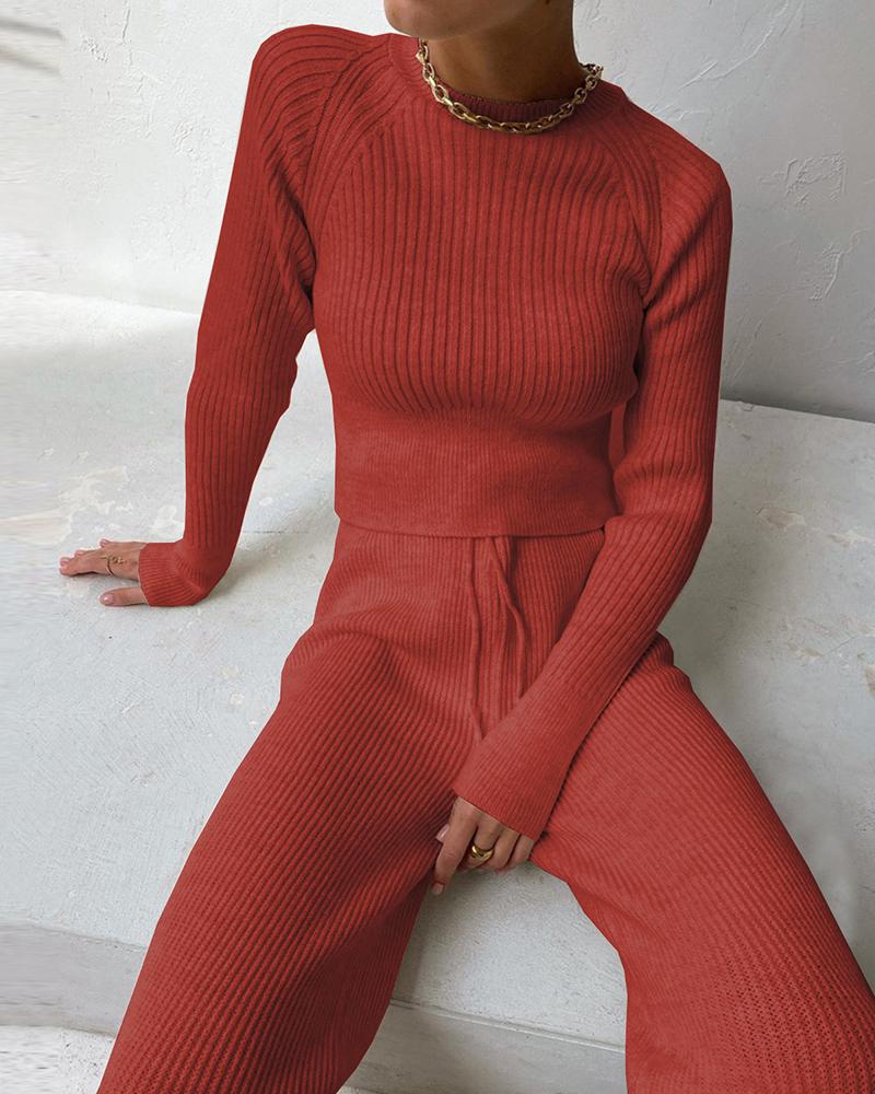 

Ribbed Plain Long Sleeve Top & Drawstring Pants Set, Red