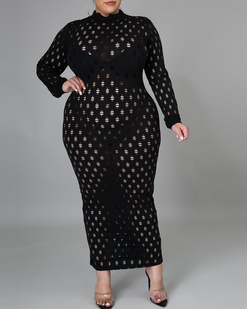

Plus Size Hollow Out Long Sleeve Cover Up Dress Without Lining, Black