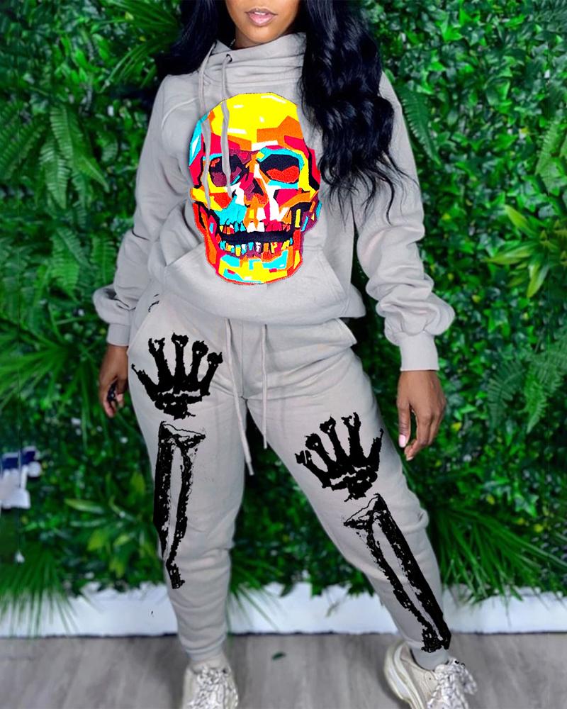 

Halloween Skull Print Drawstring Hoodie & Pants Set, Gray
