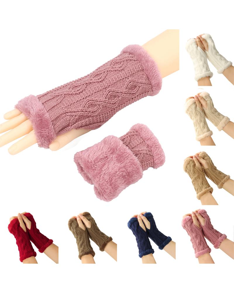 

1Pair Warm Fleece Lined Knit Fingerless Gloves, Pink