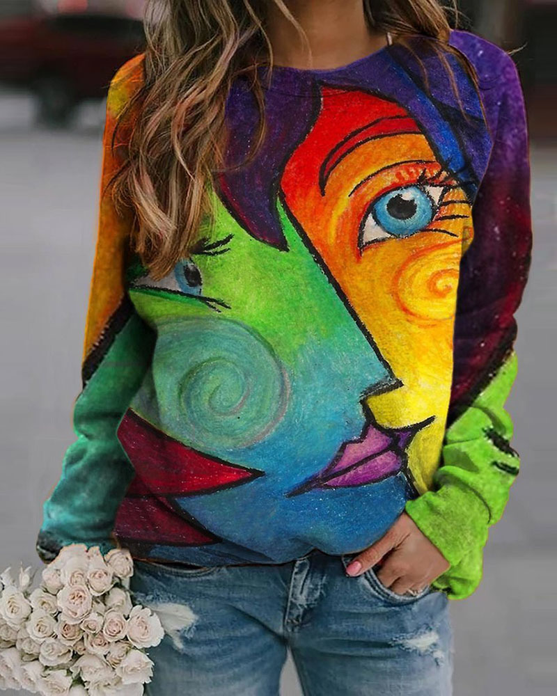 

Figure Pattern Print Colorblock Long Sleeve Top, Multicolor