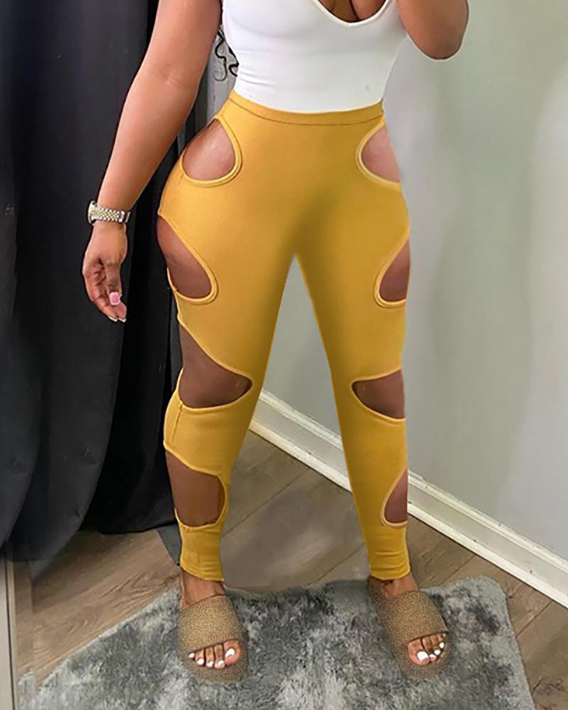 

Cutout High Waist Plain Skinny Pants, Yellow