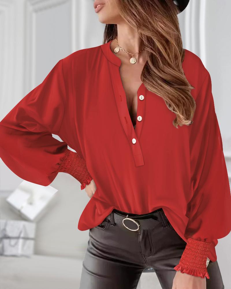 

Camisas casuales de blusa con botones delanteros fruncidos y manga larga con cuello redondo, Red