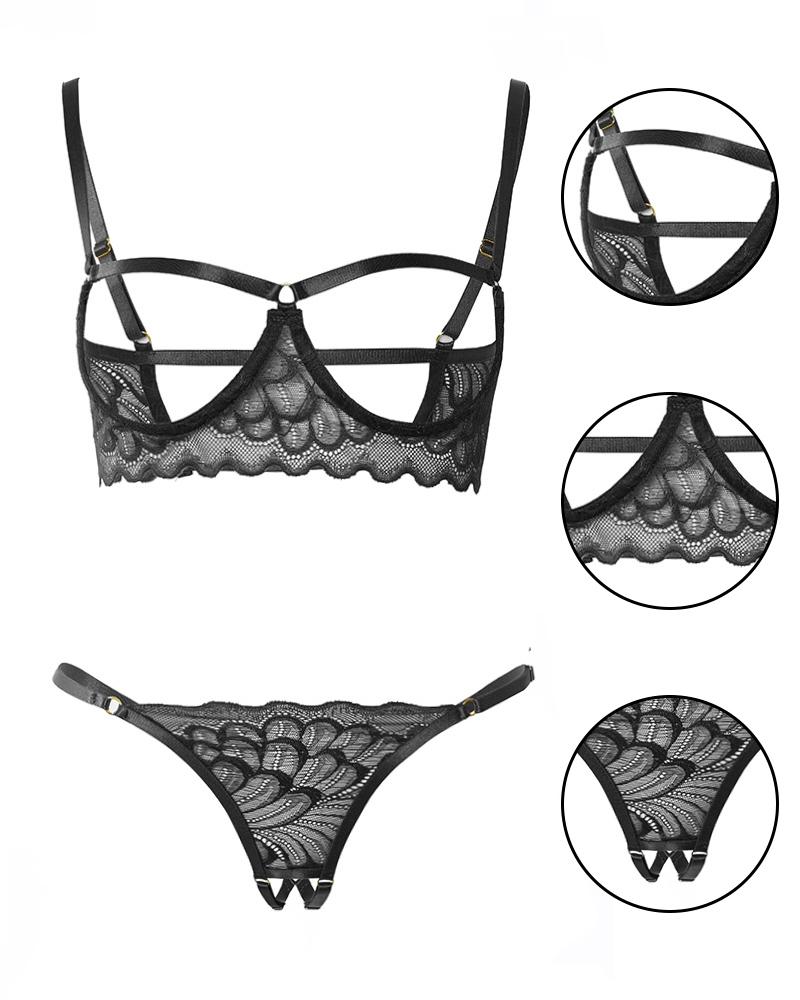 

Crochet Lace Cutout Open Breast Crotchless Lingerie Set, Black