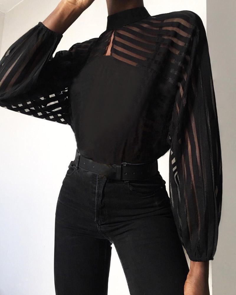 

Striped Sheer Mesh Long Sleeve High Neck Blouse, Black
