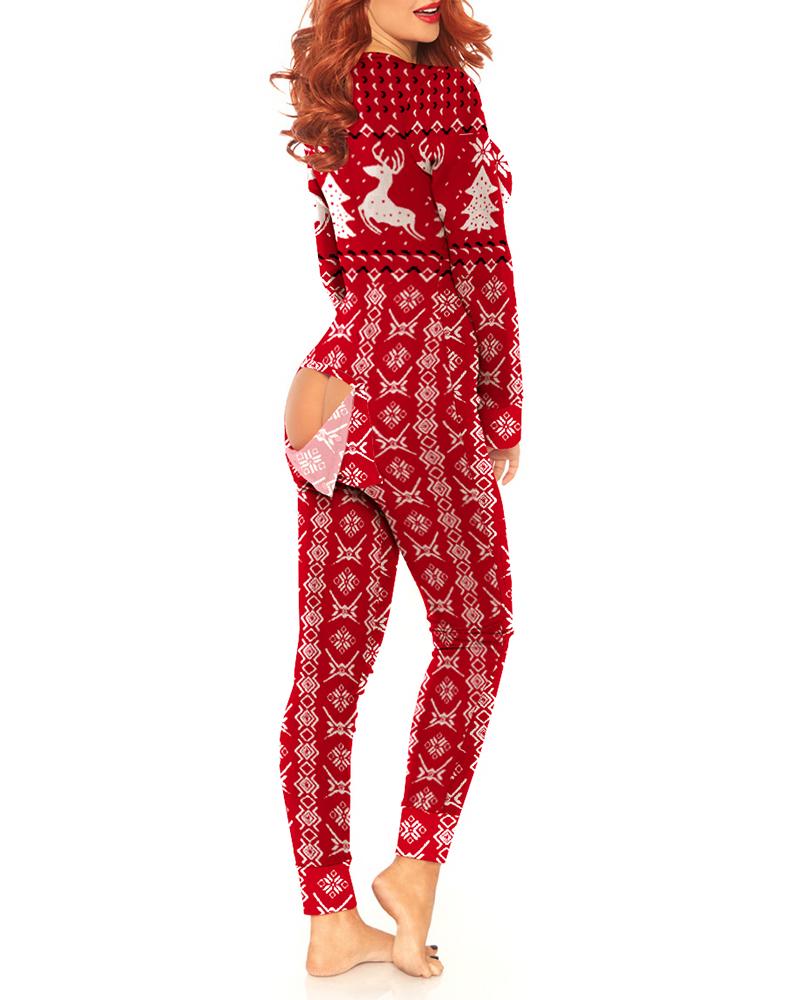 

Christmas Plunge Functional Buttoned Flap Adults Pajamas, Red