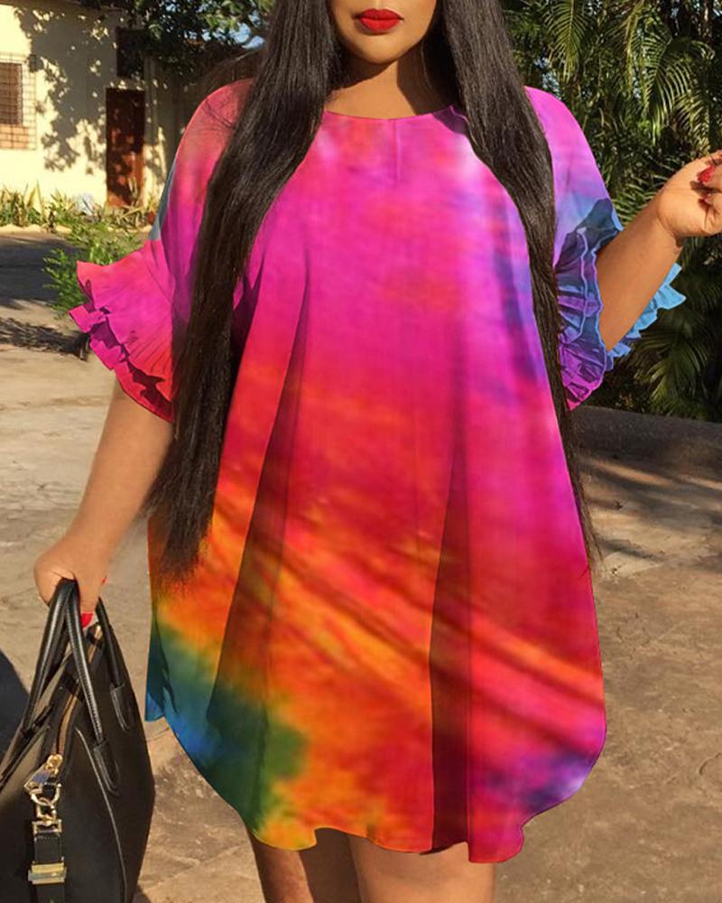 

Plus Size Tie Dye Print Bell Sleeve Curved Hem Casual Dress, Pink